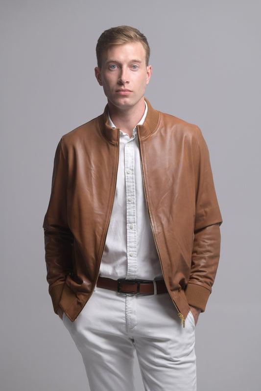 Tan Leather Bomber