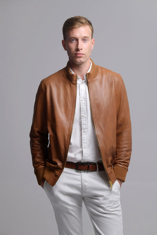 Tan Leather Bomber